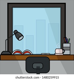 vector of desk in the morning, and there are some objects such as lights, books, smartphones, coffee, and pencil holders