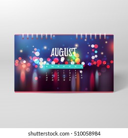 Vector desk spiral calendar with blurred lights on colored background with bokeh effect. August.