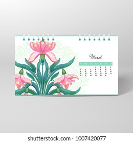 Vector desk spiral calendar. Flower of snowdrop. Background with leaves and branches.