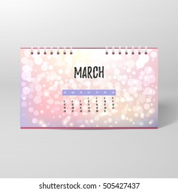 Vector desk spiral calendar. March. Blurred Lights with bokeh effect. 