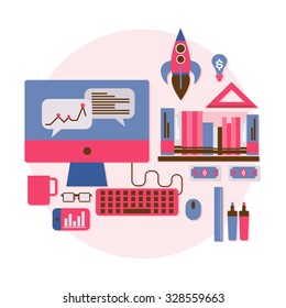 vector Desks profit target computer, cell phone, money, dollar idea, coffee mugs, pens, rulers Magic conversations online world map
