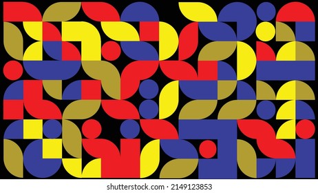 Vector desktop background. An area formed by simple geometric shapes. Circular slices, circles and squares. Pastel base colors. Blue, red, yellow and green. Area behind objects in black.