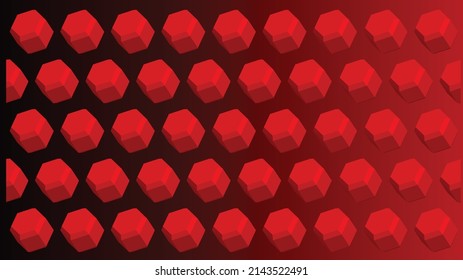 Vector desktop background in red. Hexagons in 3D. Objects in red with shading. Background behind in gradient black-red color.