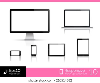 Vector desktop computer blank mock up. Glossy laptop computer mock up. Modern tablet  computer mock up. Perfectly detailed smartphone mock up near computer blank. Mockup set for responsive web design