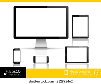 Vector desktop computer blank mockup. Glossy desktop monitior mock up. Modern tablet computer mock up and perfectly detailed smartphone mockup near desktop blank. Mock up set for responsive web design