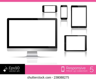 Vector desktop computer blank mockup. Glossy desktop monitior mock up. Modern tablet computer mock up and perfectly detailed smartphone mockup near desktop blank. Mock up set for responsive web design