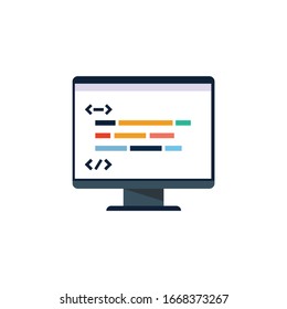 Vector Desktop Computer Icon. Code PC icon. Stock vector illustration isolated on white background.