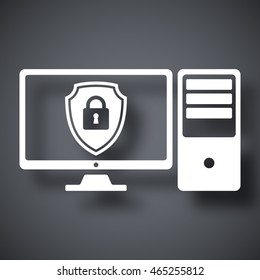 Vector Desktop computer icon with a protective shield symbol on a monitor
