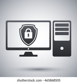 Vector Desktop computer icon with a protective shield symbol on a monitor