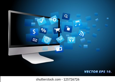 Vector Desktop Computer, Internet Communication And Cloud Computing Concept: With Cloud Of Color Application Icons