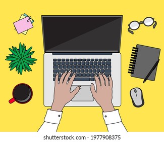 Vector desktop drawing. Hands on background of laptop, notebook with pen, green plant, glasses and cup of coffee on yellow background. Business background, space for text