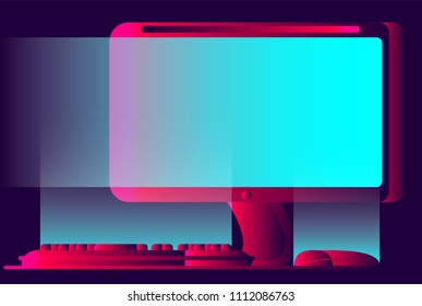 Vector desktop in a gradient style. The concept of retro futurism. Background of technology and science. Composition of computer foundations. 10 EPS