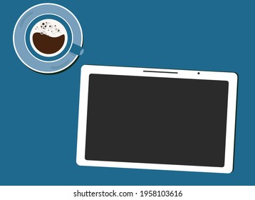 Vector desktop illustration. There are coffee and a tablet on the table. View from above