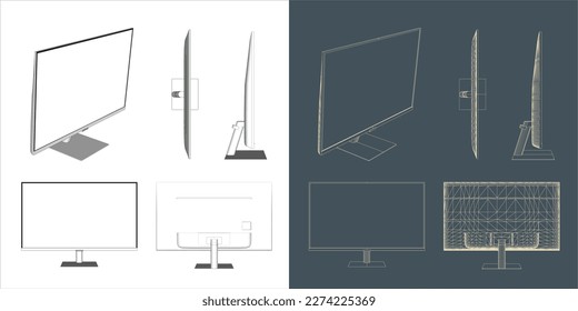 Vector Desktop Monitor Computer screen illustration line blueprint wireframe with transparent background for you design