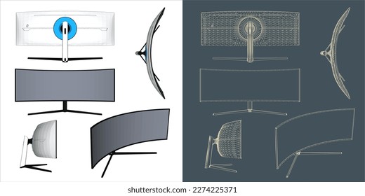 Vector Desktop Monitor Computer screen illustration line blueprint wireframe with transparent background for you design