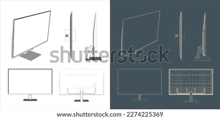 Vector Desktop Monitor Computer screen illustration line blueprint wireframe with transparent background for you design