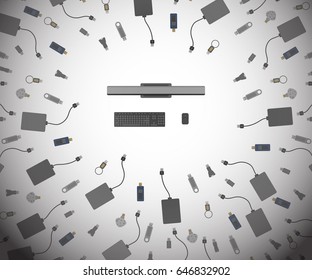 Vector of desktop pc from top view being surrounded by many usb drives and external hard disk trying to connect to this pc. Abstract meaning of cyber security, computer virus, Wannacry virus, malware.