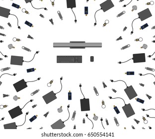 Vector of desktop pc from top view being surrounded by many usb drives and external harddisk trying to connect to this pc. Abstract meaning of cyber security, computer virus, Wannacry virus, malware.