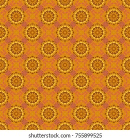 Vector. For desktop, Wallpaper for, trance, meditation, serene paints combinations. A variety of shapes and floral elements. Seamless pattern abstract mandalas in brown, yellow and orange colors.