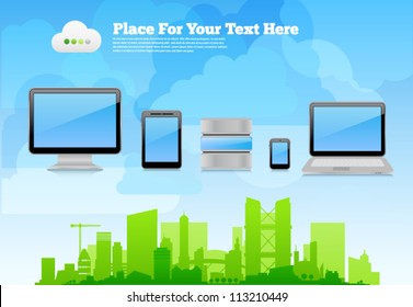 Vector desktop wallpaper or placard background with eco city skyline on cloudy sky, 3d high-detailed computer devices with reflections and place for text. Image contains transparency, 10 EPS