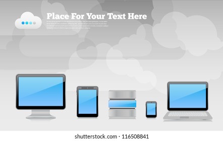 Vector desktop wallpaper or placard background with gray cloudy sky, 3d high-detailed computer devices with reflections and place for text. Image contains transparency, 10 EPS
