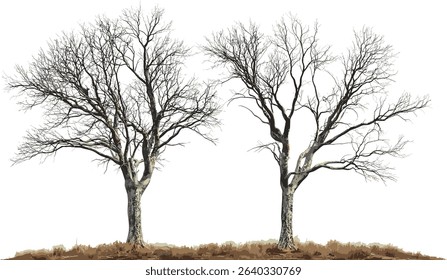 Vector desolate dry forest, tree leafless isolated, barren wilderness, transparent background, autumn nature, isolated trees, wilderness landscape, eco friendly environment