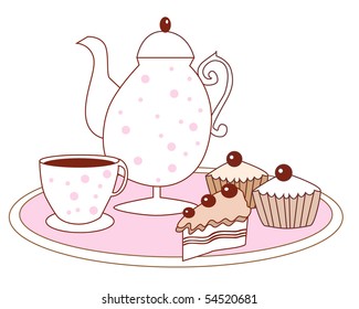 Vector dessert cake fruitcake coffee pot and coffee cup