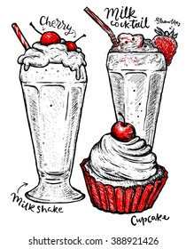 Vector dessert of different hand drawn food. Cupcake and milkshakes Isolated on white background. Sweet food poster for your designs: t-shirts, posters, invitations, cards, etc.
Milk cocktail.