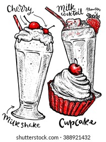 Vector dessert of different hand drawn food. Cupcake and milkshakes Isolated on white background. Sweet food poster for your designs: t-shirts, posters, invitations, cards, etc.
Milk cocktail.