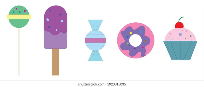 Vector dessert food set of chocolate, cake, sweet, ice cream, cupcake, donut, lollipop. Desing, symbol of cookie, bakery, pastry. Isolated cartoon collection of delicious for birthday, party. EPS10.