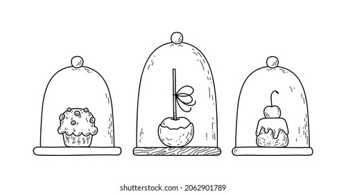 Vector Dessert In Glass Stand - Cupcake, Caramel Apple, Cherry Cake, Cake Pops, Muffin. Hand Drawn Doodle Illustration With Sweet Bakery.