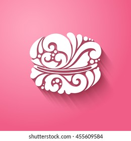 Vector dessert icon logo Abstract macaroon illustration. Ornamental pattern macaron on pink background