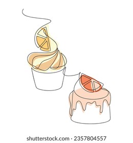 Vector dessert icon set. Cream cupcake muffin lemon cake line continuous drawing. Hand drawn linear doodle illustration. Graphic design, banner, card, cartoon poster, logo, symbol, sign, menu.