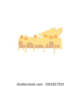 Vector of dessert mango cake topping with cream and little piece tropical fruit drawing on white