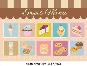 Vector dessert menu in the color blocks template for the cafe shop.