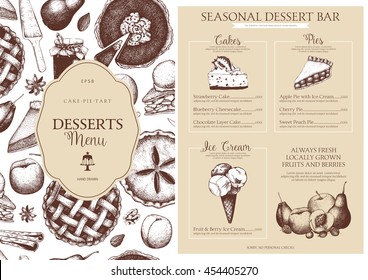 Vector dessert menu design for restaurant or cafe. Vintage template with hand drawn fruit and berry cake, pie, ice cream sketch. Sweet bakery illustration