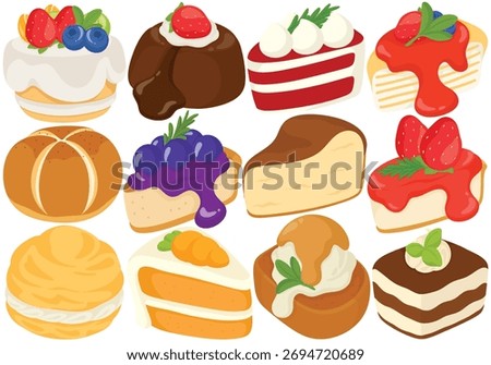 Vector Dessert Pastry Clip Art Set Sweet Food Cake Cheesecake Tiramisu Cream Puff Bakery Illustration Isolated on White Background Graphic