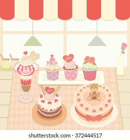 Vector the dessert products display  in the bakery cafe shop.Cute theme and pastel color.