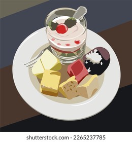 Vector dessert with salad, fruit and bread on a plate