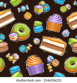 Vector Dessert Seamless Pattern, repeat background with set of cut out illustrations different desserts, custard cake slice, green frosting donut, cup cake with purple whipped cream on dark background