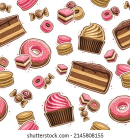 Vector Dessert Seamless Pattern, repeating background with set of cut out illustrations variety desserts, glaze cake slice, rose color frosting donut, cup cake with whipped cream on white background