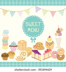 Vector dessert sweet menu decoration with triangle flags in party theme.Aqua color background and pastel.