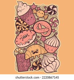 Vector desserts banner with cute hand-drawn characters. Sweet illustration of ice cream, chocolate, muffin, donut, croissant. Colorful design template for cards and posters.