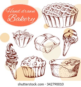 Vector desserts elements in hand drawn style. Delicious food. Art illustration.  Sweet pastry for your design in cafe menu, posters, brochures