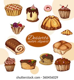 Vector desserts elements in hand drawn style. Delicious food. Art illustration.  Sweet pastry for your design in cafe menu, posters, brochures