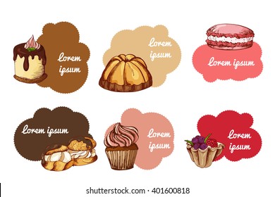 Vector desserts elements in hand drawn style. Delicious food. Art illustration.  Sweet pastry for your design in cafe menu, posters, brochures