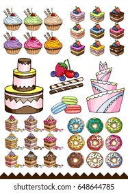 Vector desserts isolated on white background. A large set of donuts, macaroons, cakes, pastries with different fillings, cream, berries. Hand drawn illustration