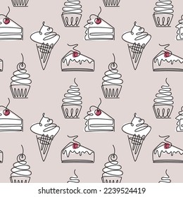 Vector desserts seamless pattern. Cake, muffin, cupcake, ice cream cone line icon. Bakery shop backdrop. Outline continuous illustration. Wallpaper, background, print, wrapping paper, package design.