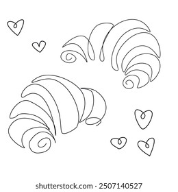 
Vector desserts set. French croissant one line continuous drawing. Hand drawn linear icon. Outline design, print, banner, card, wall art poster, brochure, menu, product logo.
