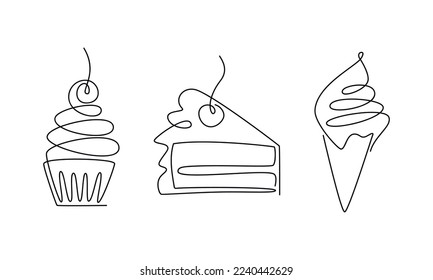 Postres vectoriales. Muffin, bizcocho, helado de cono, pastel de una línea de dibujo continua ilustración. Icono de doodle lineal dibujado a mano. Diseño de esquema para impresión, banner, tarjeta, cartel de arte mural, folleto.